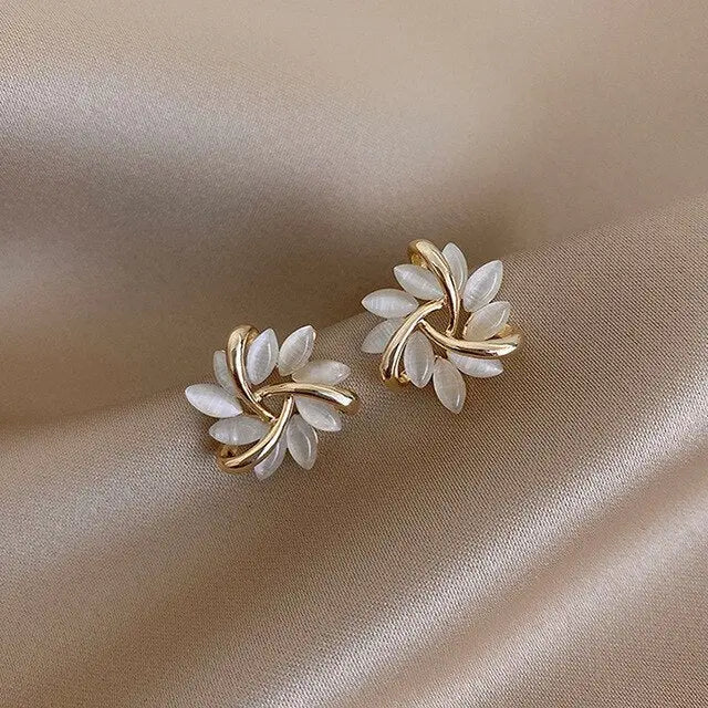 Gold Leaf White Opal Stud Earrings