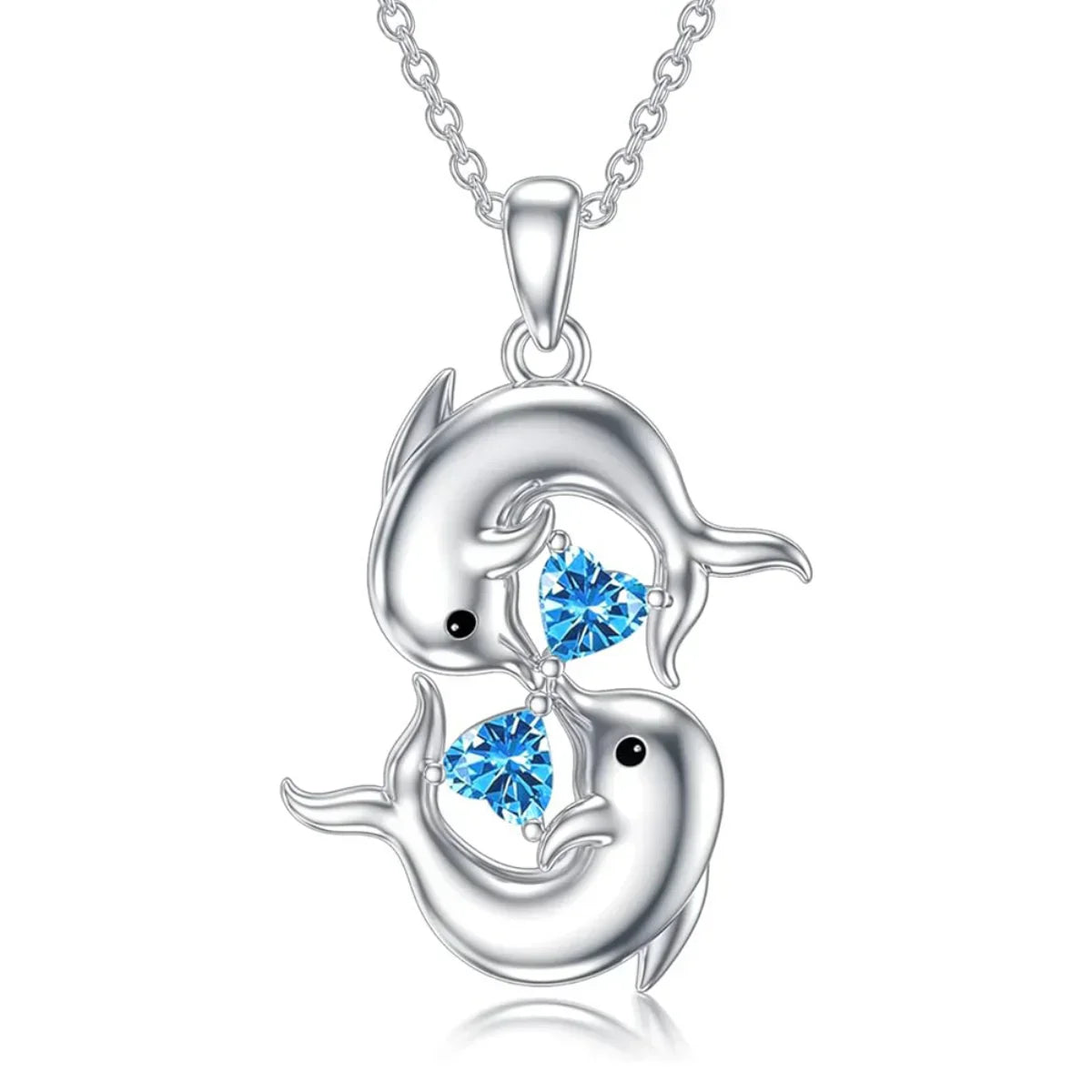Silver Twin Dolphin Blue Crystal Necklace