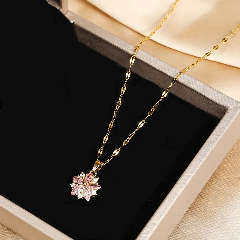 Romantic Pink Sakura Stainless Steel Necklace