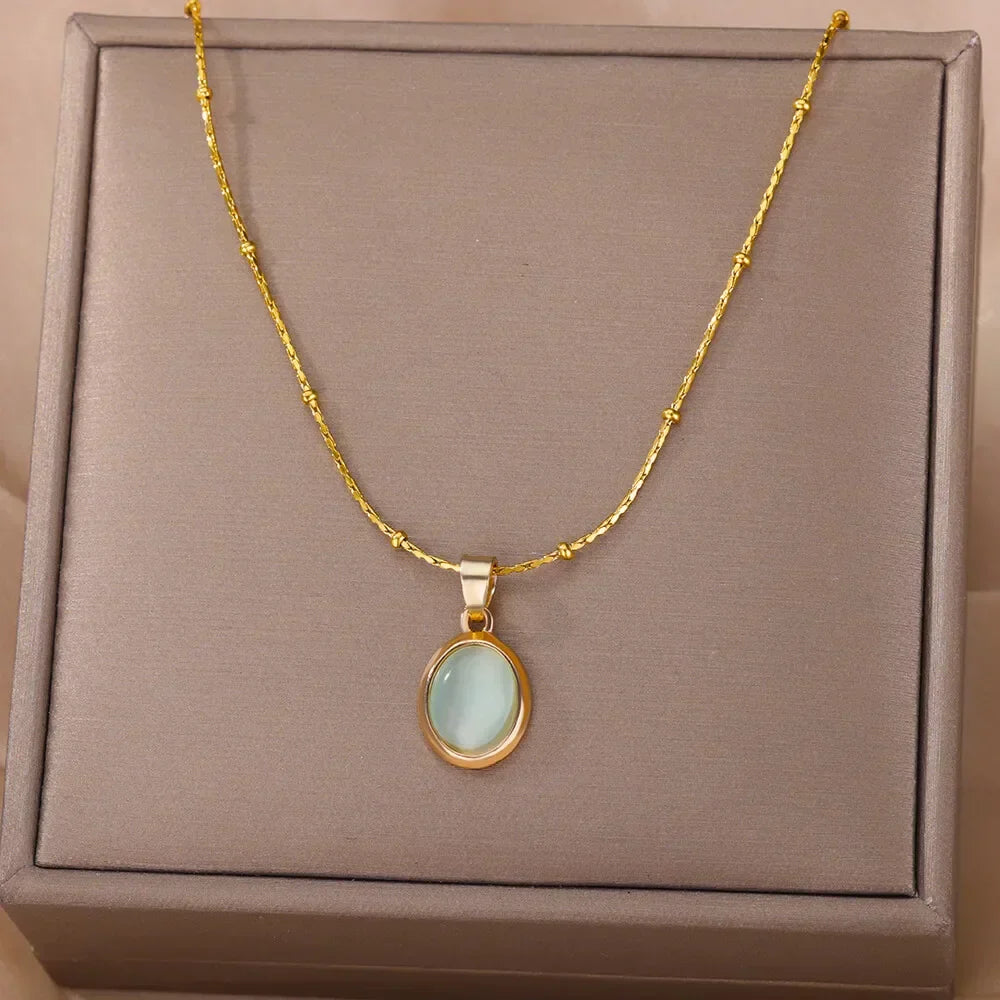 Chic Gold Stainless Steel Water Drop Opal Pendant Necklace