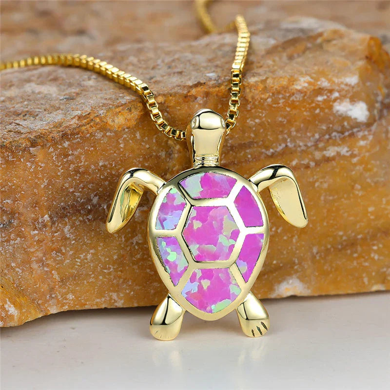 Vintage Gold Green Fire Opal Turtle Pendant Necklace