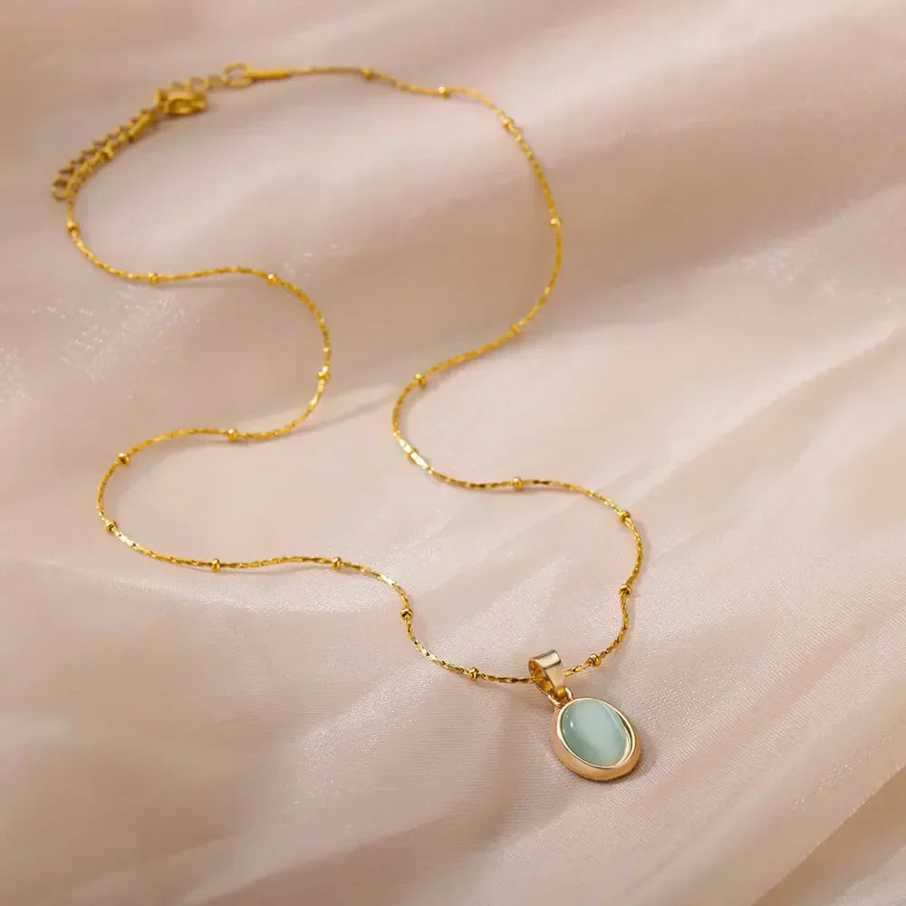 Chic Gold Stainless Steel Water Drop Opal Pendant Necklace